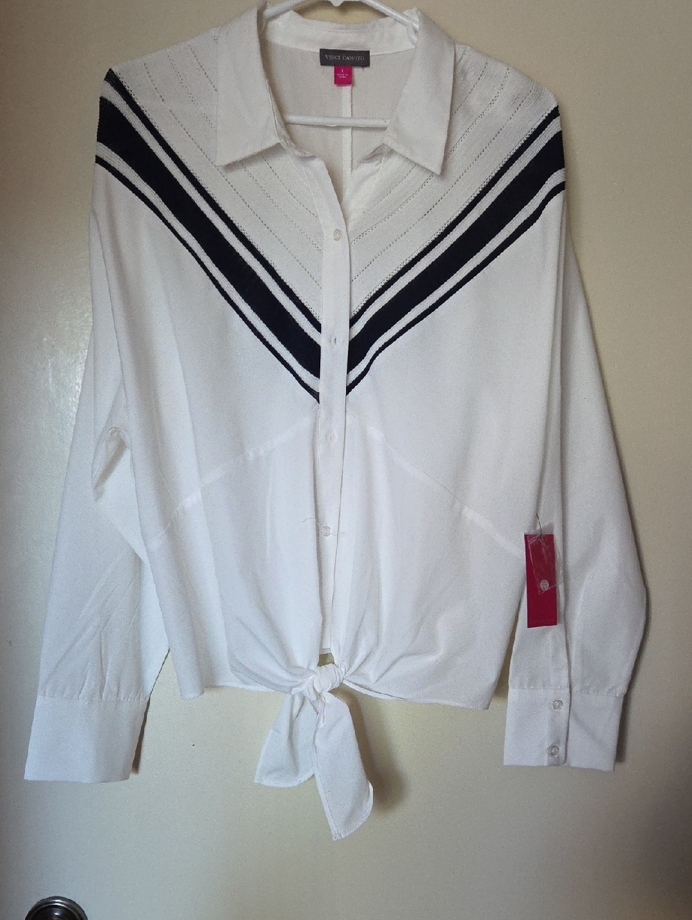 Vince Camuto White Button-Down Blouse with Navy Chevron Stripes